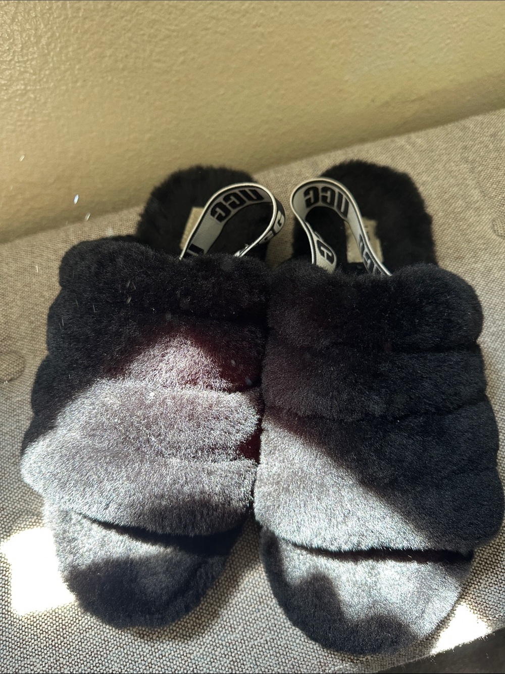 UGG Black Real Wool Slide Sandals with Branded Strap